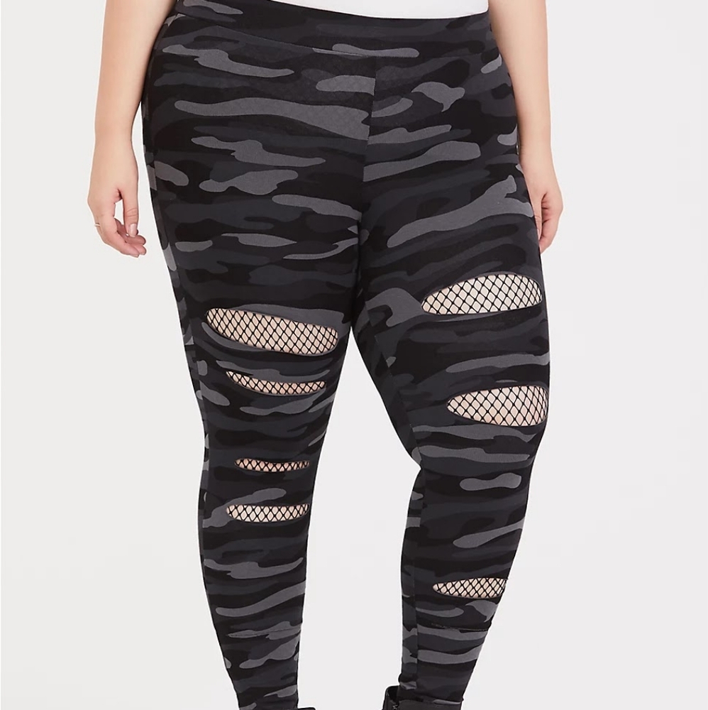 Torrid Distressed Camo Print Leggings with Fishnet Inlay